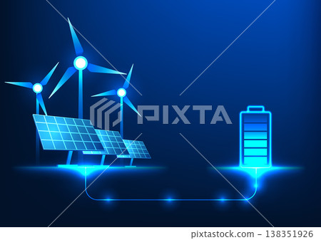 Battery technology that uses clean, natural energy to charge the environment does not harm the environment. With windmill and solar cells connected to batteries as backup power. 138351926