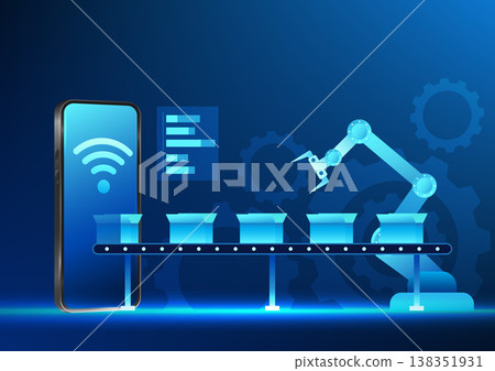 Industry 4.0 business technology, mechanical manufacturing industry is working and smartphone with box flowing out Referring to modern industry that is fully automated. Check status via mobile phone. Industry 4.0 business technology, mechanical manufacturing industry is working and smartphone with box flowing out Referring to modern industry that is fully automated. Check status via mobile phone. 138351931