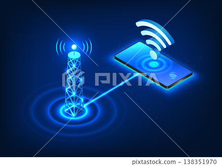 Cellular towers are technologies that emit signals into mobile phones to reach communications anywhere.It is an isometric image of a cell tower transmitting a signal to a cell phone with a WiFi symbol Cellular towers are technologies that emit signals into mobile phones to reach communications anywhere.It is an isometric image of a cell tower transmitting a signal to a cell phone with a WiFi symbol 138351970