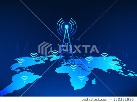 Transmission tower technology on world map with wifi icon Refers to the technology of signal transmission that covers the world for people to have access to communication or access to the Internet. Transmission tower technology on world map with wifi icon Refers to the technology of signal transmission that covers the world for people to have access to communication or access to the Internet. 138351986