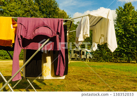 Clothes hanging to dry outdoor at caravan Clothes hanging to dry outdoor at caravan 138352033