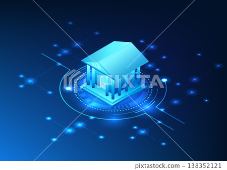 Technology for conducting online banking transactions via mobile phones or computer via internet signal Isometric illustration of bank in technology circle. 138352121