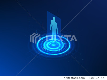 Hologram projection technology A projected image of a person along with a technology circle that Shows treatment, health care and modern medical technology. 138352144