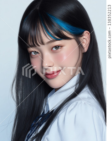 一位擁有烏黑亮麗直發的女子的肖像。 138352213