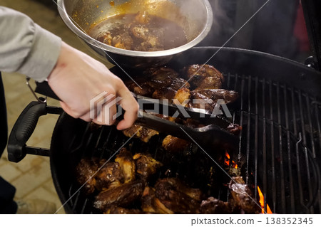 pieces of grilled chicken, flavored poultry meat pieces of grilled chicken, flavored poultry meat 138352345