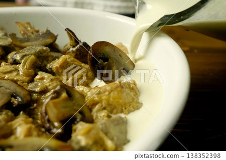Fried pieces of chicken with mushrooms, in milk in a cup Fried pieces of chicken with mushrooms, in milk in a cup 138352398