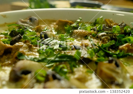 Fried chicken with mushrooms, milk and onions. Fried chicken with mushrooms, milk and onions. 138352420