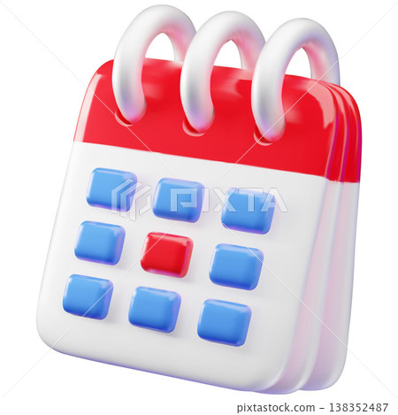 Red and white 3D calendar icon on a spring. Organization, productivity, planning. Red and white 3D calendar icon on a spring. Organization, productivity, planning. 138352487