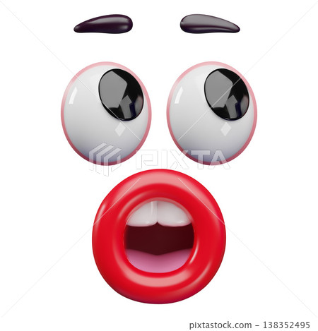 3D, round, open red mouth with teeth and surprised eyes and eyebrows. 3D, round, open red mouth with teeth and surprised eyes and eyebrows. 138352495