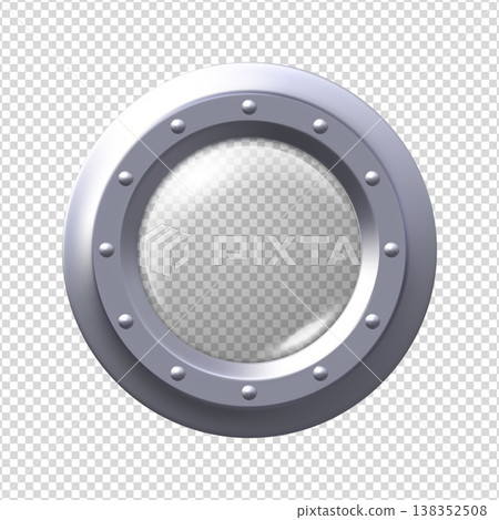 Submarine window porthole, vector realistic 3D round window with steel frame glass and rivets, hole fuselage illuminator Submarine window porthole, vector realistic 3D round window with steel frame glass and rivets, hole fuselage illuminator 138352508