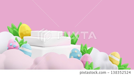 Easter eggs and square podium stands, pedestal in clouds with leaves, 3D cartoon plasticine style vector presentation Easter eggs and square podium stands, pedestal in clouds with leaves, 3D cartoon plasticine style vector presentation 138352524