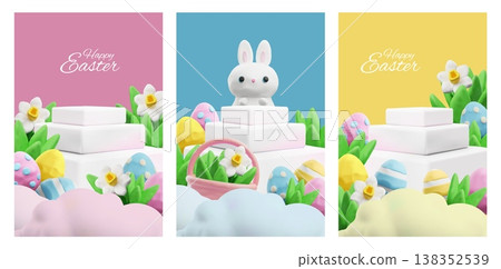 A set of vertical 3D posters with podiums, an Easter bunny, eggs, and flowers. 138352539