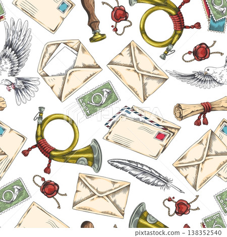 Envelope letter, dove, wax seal, postage stamp with post horn and feather pen sketch, vector hand drawn seamless pattern Envelope letter, dove, wax seal, postage stamp with post horn and feather pen sketch, vector hand drawn seamless pattern 138352540