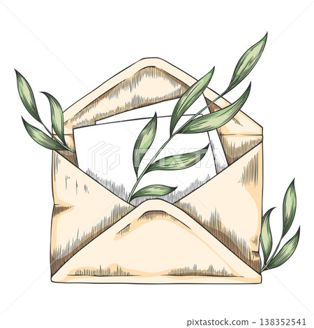 Open envelope with leaves vector sketch, hand drawn paper letter envelope, postal mail message vintage symbol 138352541
