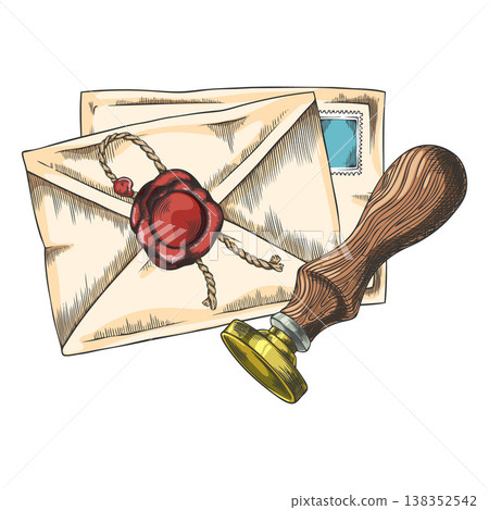 Envelope with red wax seal, round stamper sketch, vintage letter and mail stamper vector color hand drawn illustration 138352542