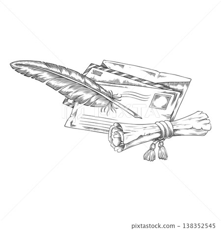 Close envelopes with postage stamp, scroll and feather pen vector engraved hand drawn, vintage postal mail letter sketch Close envelopes with postage stamp, scroll and feather pen vector engraved hand drawn, vintage postal mail letter sketch 138352545