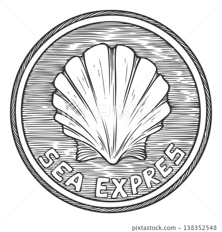 Postage stamp sea express with seashell vector sketch, vintage round postage mark seal, post office black ink stamp Postage stamp sea express with seashell vector sketch, vintage round postage mark seal, post office black ink stamp 138352548