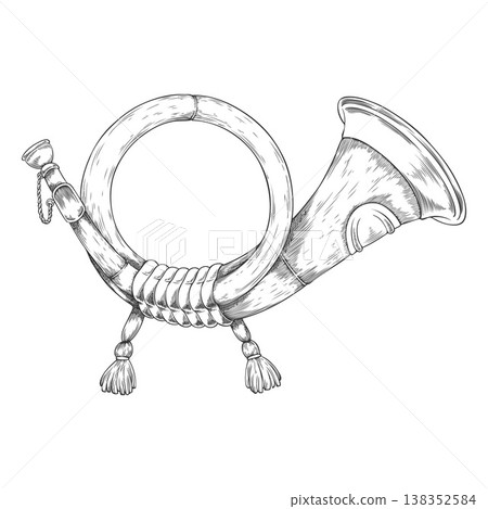 Post horn sketch icon, vintage postal horn or hunting horn, vector engraved hand drawn trumpet postal mark ink stamp 138352584