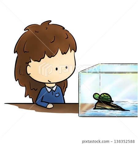 School girl observing a turtle in glass tank cartoon illustration 138352588