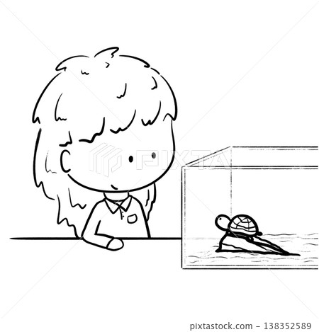 School girl observing a turtle in tank cartoon outline illustration School girl observing a turtle in tank cartoon outline illustration 138352589