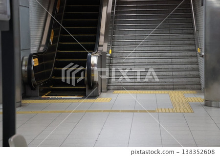 A scene with stairs and escalators on a train station platform. A scene with stairs and escalators on a train station platform. 138352608
