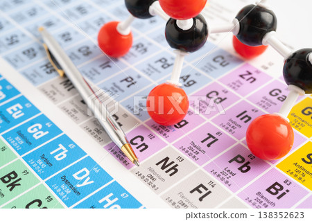 Molecules chemical on a periodic table background. 138352623