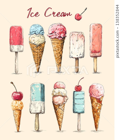 Ice cream vintage drawing. Creamy icecream colorful balls in waffle cone, chocolate popsicle on stick retro cafe cool summer dessert menu hand drawn sketch set vector illustration 138352844