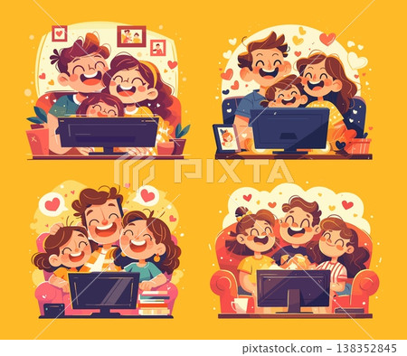 Happy family watch tv. Love parents with kids watching monitor screen, cartoon cute stickers mom dad son daughter look movie television on sofa with hearts set vector illustration 138352845