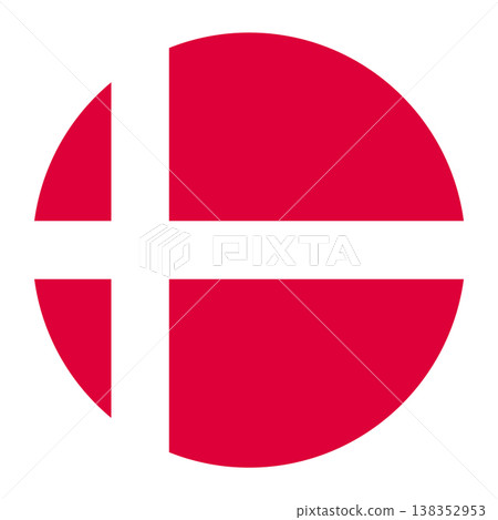 Circular Danish national flag symbol. Nordic cross emblem for travel, hygge and language. Circular Danish national flag symbol. Nordic cross emblem for travel, hygge and language. 138352953