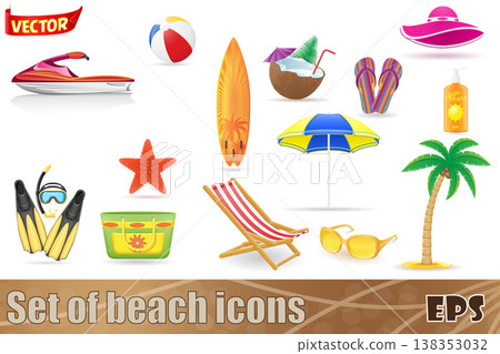 set of beach icons and accessories vector illustration set of beach icons and accessories vector illustration 138353032