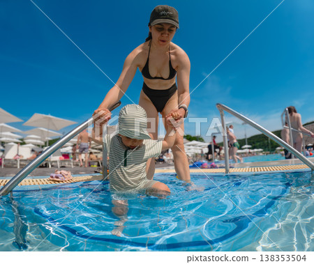 Mother helping toddler enter swimming pool on sunny vacation Mother helping toddler enter swimming pool on sunny vacation 138353504