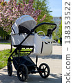Baby stroller on park path under blooming cherry trees 138353522