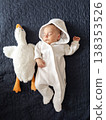 Newborn baby in white hooded onesie with plush goose toy 138353526