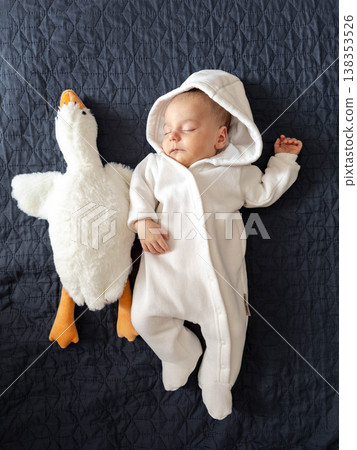 Newborn baby in white hooded onesie with plush goose toy Newborn baby in white hooded onesie with plush goose toy 138353526
