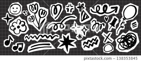 Birthday Scrapbook doodle set in naive childish style. Hand drawn crayon scribbles with balloons, confetti, stars and party decor. Fun, playful stickers for kids projects, festive designs. 138353845