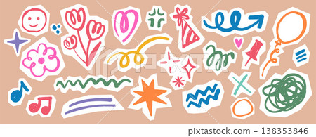 Kids Birthday Scribble Doodle Set. Scrapbook hand drawn party elements in childish crayon style. Cute stickers with balloons, flowers, stars, hearts, party hats, confetti, sparkles with cutout edges. 138353846