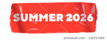 Summer 2026 red sticker banner. Bold white text summer 2026 on crumpled red tape texture. Modern style decal for seasonal marketing, holiday promotions, and event announcements on white background 138353900