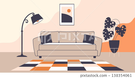 Living room interior with sofa, carpet, lamp and plant. Modern minimalist interior illustration. Living room interior with sofa, carpet, lamp and plant. Modern minimalist interior illustration. 138354061