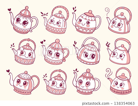 Hand drawn cute kawaii teapots and kettles collection. Pink doodle illustration. 138354063