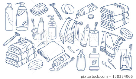 Hand drawn bathroom hygiene and personal care accessories set. Soap, toothbrush, toothpaste, dispenser and towels. Blue and white illustration. 138354066