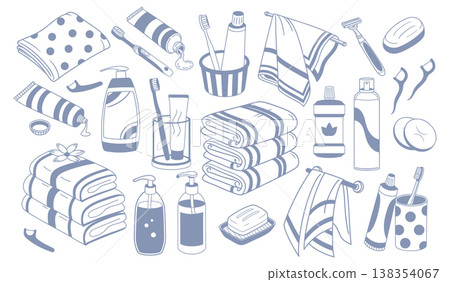 Hand drawn bathroom hygiene and personal care accessories set. Soap, toothbrush, toothpaste, dispenser and towels. Blue and white illustration. 138354067