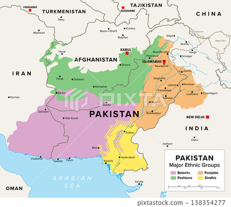 Pakistan, major ethnic groups, political map. Balochs, Pashtuns, Punjabis and Sindhis, main ethnolinguistic groups of Islamic Republic of Pakistan, also extending into neighboring countries. Vector Pakistan, major ethnic groups, political map. Balochs, Pashtuns, Punjabis and Sindhis, main ethnolinguistic groups of Islamic Republic of Pakistan, also extending into neighboring countries. Vector 138354277