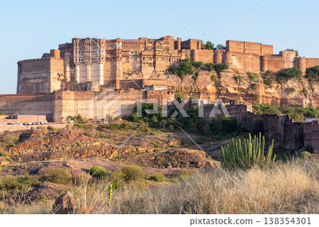 Mehrangarh Fort with the adjacent rocky landscape, Jodhpur, Rajasthan, India Mehrangarh Fort with the adjacent rocky landscape, Jodhpur, Rajasthan, India 138354301