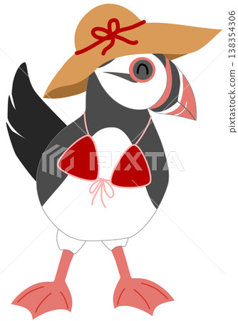 Cute Puffin in Red Bikini and Straw Hat - Summer Vacation Sea Bird Illustration Cute Puffin in Red Bikini and Straw Hat - Summer Vacation Sea Bird Illustration 138354306
