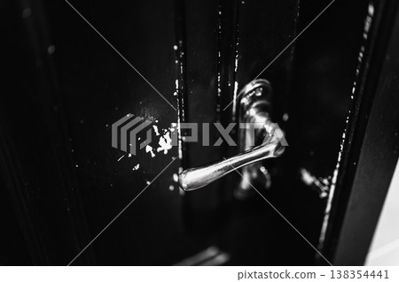 Rusty Aged Handle. Detailed View Captures Aged Metal With Peeling Paint And Gritty Urban Character 138354441