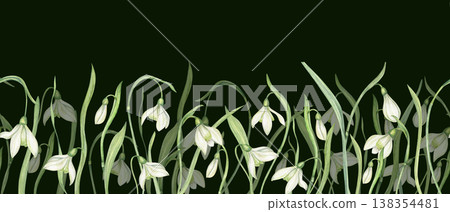 White snowdrops seamless horizontal banner watercolor illustration on black background. Spring drooping bell shaped blooms flowers repeating pattern for kitchen textile, organic skincare packaging White snowdrops seamless horizontal banner watercolor illustration on black background. Spring drooping bell shaped blooms flowers repeating pattern for kitchen textile, organic skincare packaging 138354481