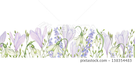 Watercolor spring flowers in pastel soft colors horizontal seamless banner on isolated background. White snowdrops, crocuses, grape hyacinth and spikelet pattern for wedding design, packaging, textile Watercolor spring flowers in pastel soft colors horizontal seamless banner on isolated background. White snowdrops, crocuses, grape hyacinth and spikelet pattern for wedding design, packaging, textile 138354483