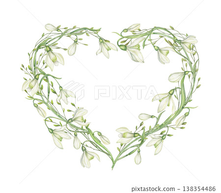 Watercolor Snowdrop flowers in heart shape illustration on isolated background. White Galanthus on green stems border with copy space. Spring floral template for greeting card, wedding invitation 138354486