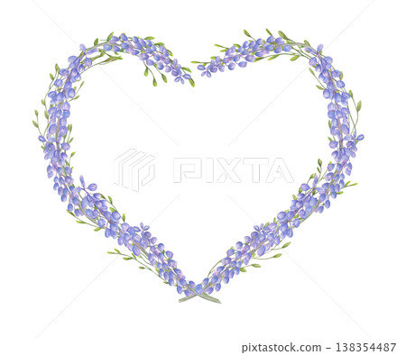 Flowering grape hyacinth intertwined in heart shape watercolor illustration on isolated background. Blue flowers on green stems composition for greeting card, spring invitation, botanical stationery 138354487