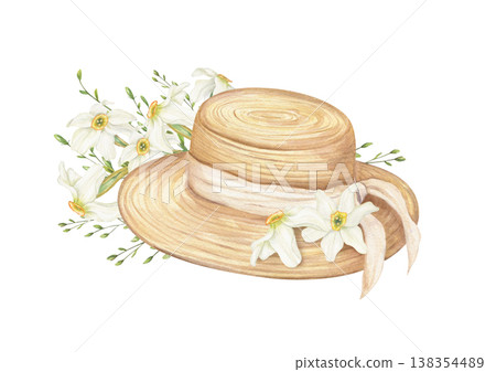 Watercolor straw hat and daffodil flowers with wild grasses illustration on isolated background. Sunhat woven accessory decorated with beige ribbon and white flowers bouquet. For spring design Watercolor straw hat and daffodil flowers with wild grasses illustration on isolated background. Sunhat woven accessory decorated with beige ribbon and white flowers bouquet. For spring design 138354489